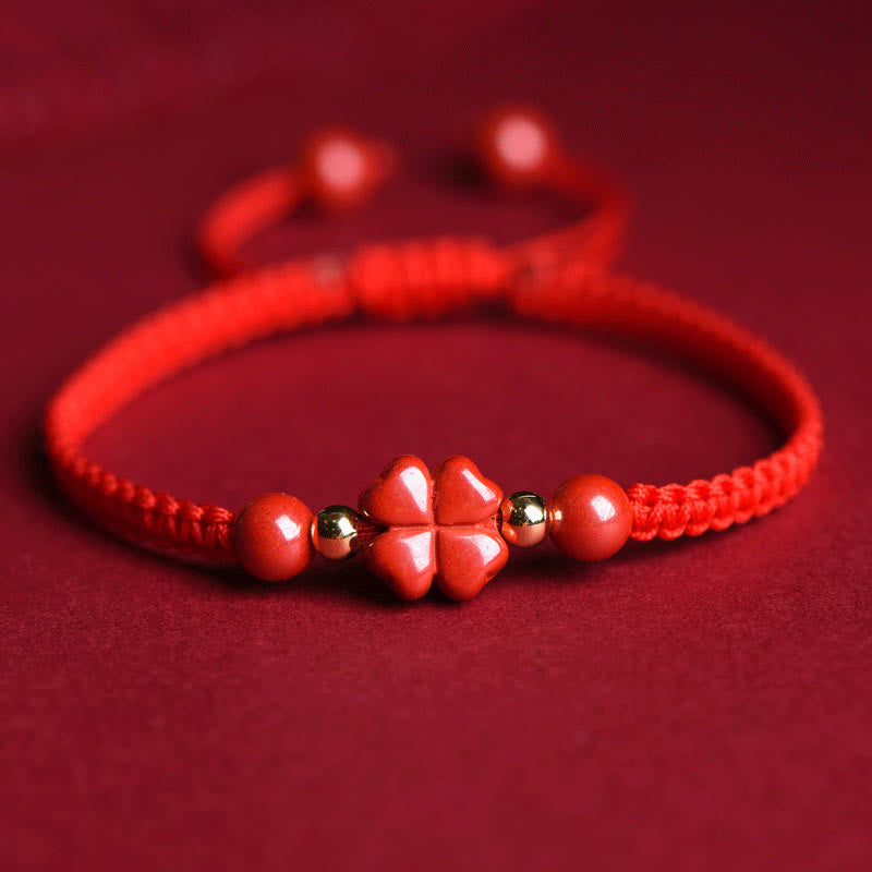 Fortune Jewel Four Leaf Clover Five-petal Flower Cinnabar Blessing Red String Bracelet