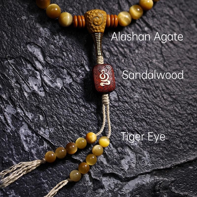 Fortune Jewel 108 Mala Beads Natural Tiger Eye Copper Dorje Protection Tassel Bracelet