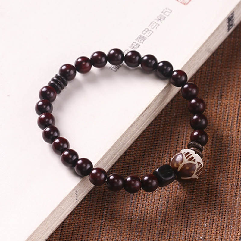Fortune Jewel Small Leaf Red Sandalwood Lotus Bodhi Seed Carved Protection Double Wrap Bracelet
