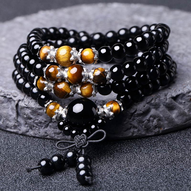 Fortune Jewel 108 Beads Natural Black Obsidian Tiger Eye Mala Bracelet