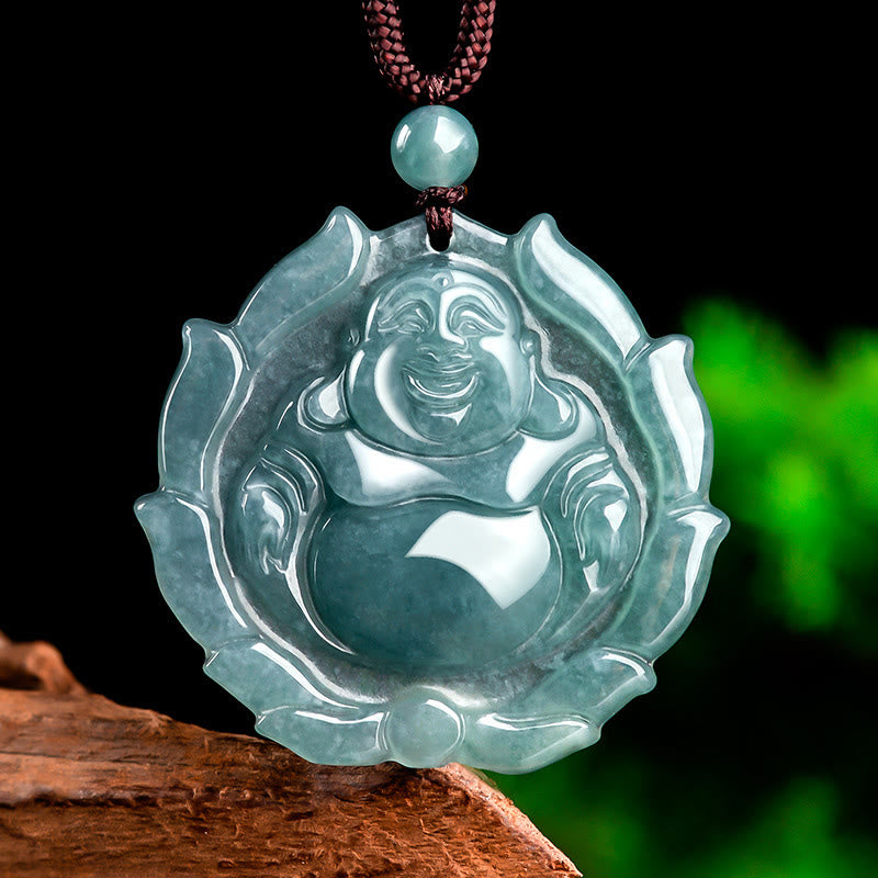 Fortune Jewel Natural Jade Laughing Buddha Lotus Pattern Luck Necklace Pendant Fortune Jewel