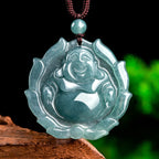Fortune Jewel Natural Jade Laughing Buddha Lotus Pattern Luck Necklace Pendant Fortune Jewel