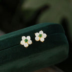 Fortune Jewel White Jade Flower Luck Blessing Stud Earrings
