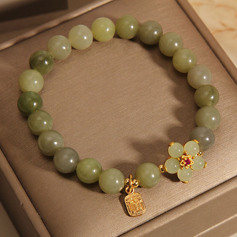 Fortune Jewel Green Jade Flower Fu Character Charm Luck Bracelet