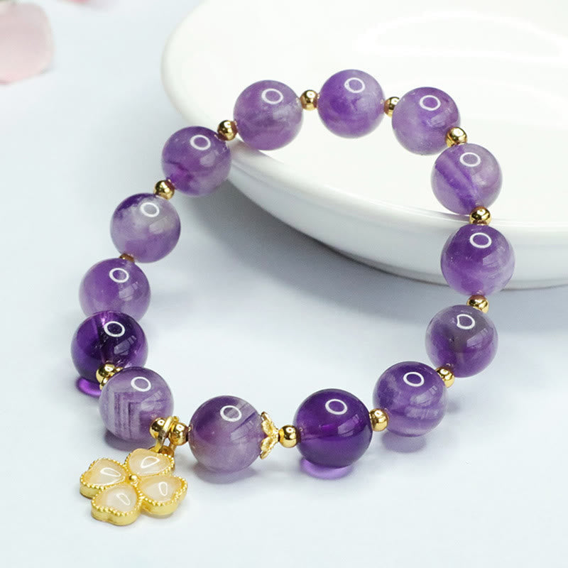 Fortune Jewel Natural Amethyst Crystal Inner Peace Four Leaf Clover Charm Bracelet