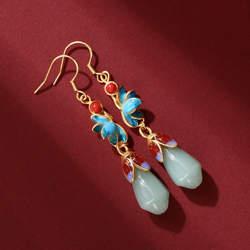 Fortune Jewel Magnolia Flower Jade Pattern Luck Prosperity Drop Dangle Earrings