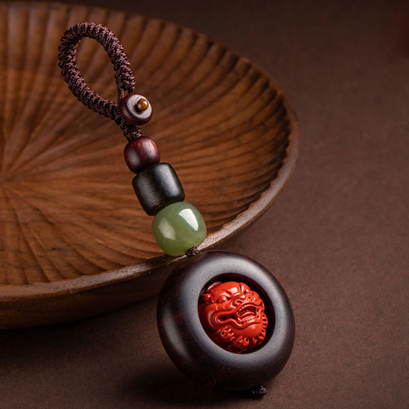 Fortune Jewel Tibet Om Mani Padme Hum PiXiu Copper Coin Small Leaf Red Sandalwood Cinnabar Protection Key Chain