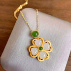 Fortune Jewel 925 Sterling Silver Lucky Four Leaf Clover Jade Prosperity Necklace Chain Pendant