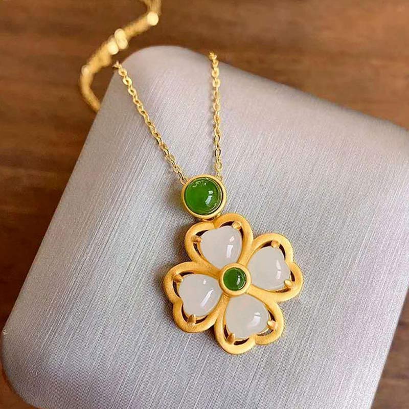 Fortune Jewel 925 Sterling Silver Lucky Four Leaf Clover Jade Prosperity Necklace Chain Pendant