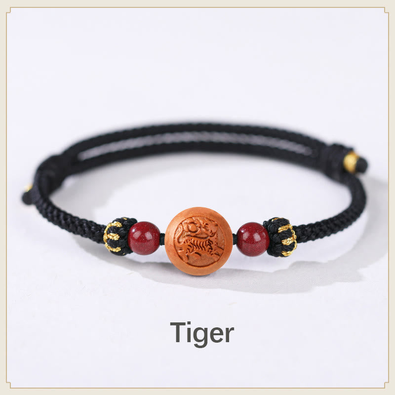Fortune Jewel Natural Peach Wood Chinese Zodiac Fu Character Carved Cinnabar Wealth Bracelet