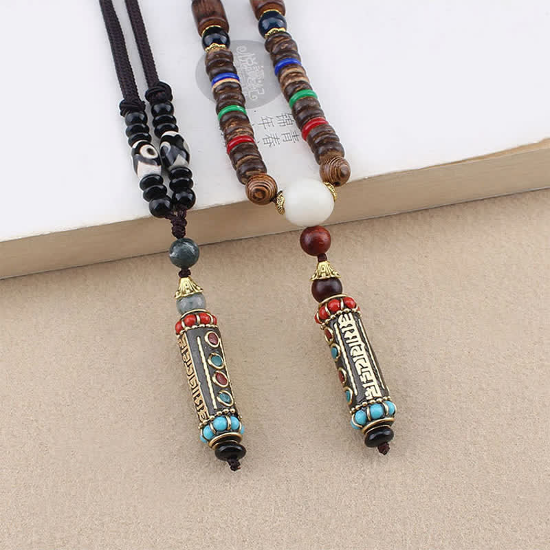 Fortune Jewel Tibetan Om Mani Padme Hum Dzi Bead Wenge Wood Necklace Pendant