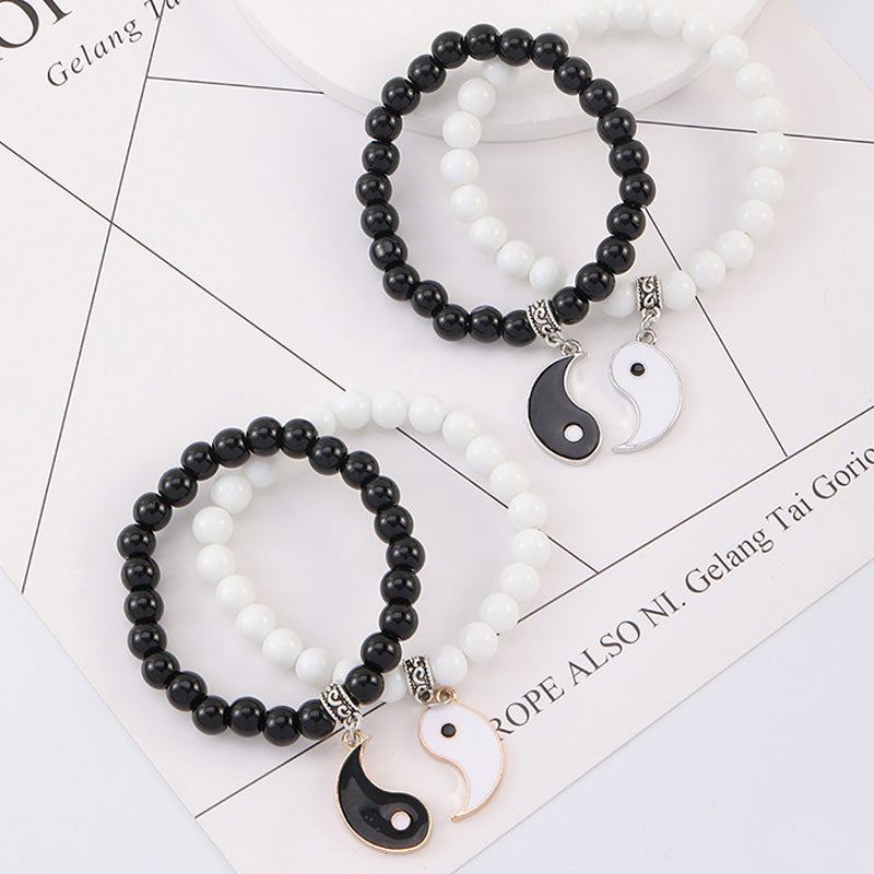 Fortune Jewel 2Pcs Black Onyx White Turquoise Bead Yin Yang Protection Couple Bracelet