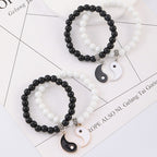Fortune Jewel 2Pcs Black Onyx White Turquoise Bead Yin Yang Protection Couple Bracelet