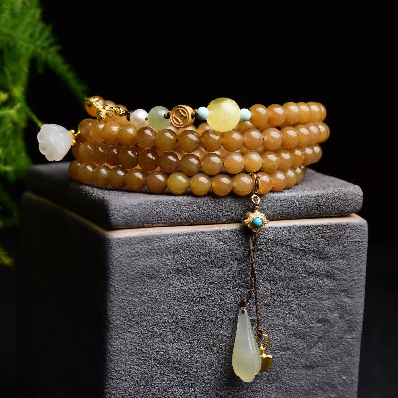 Fortune Jewel Natural Hetian Topaz Amber Lotus White Jade Pearl Success Bracelet
