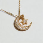 Star and Moon Zircon Pendant Necklace for Women, Sparkling CZ Clavicle Chain