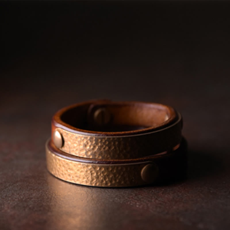 Fortune Jewel Vintage Handmade Texture Copper Brass Leather Wealth Bracelet Bangle
