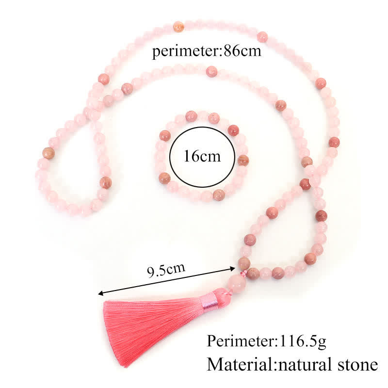 Fortune Jewel 108 Mala Beads Pink Crystal Love Tassel Bracelet