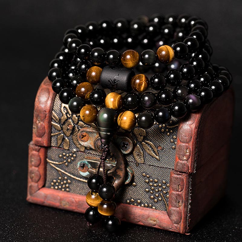 Fortune Jewel Natural Black Obsidian Rainbow Obsidian Gourd Blessing Bracelet Mala