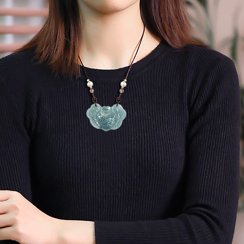 Fortune Jewel Natural Jade Peony Flower Lock of Good Wishes Prosperity Necklace Pendant
