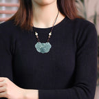 Fortune Jewel Natural Jade Peony Flower Lock of Good Wishes Prosperity Necklace Pendant