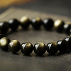 Fortune Jewel 925 Sterling Silver Chinese Zodiac Natal Buddha Natural Gold Sheen Obsidian Amber Wealth Protection Bracelet