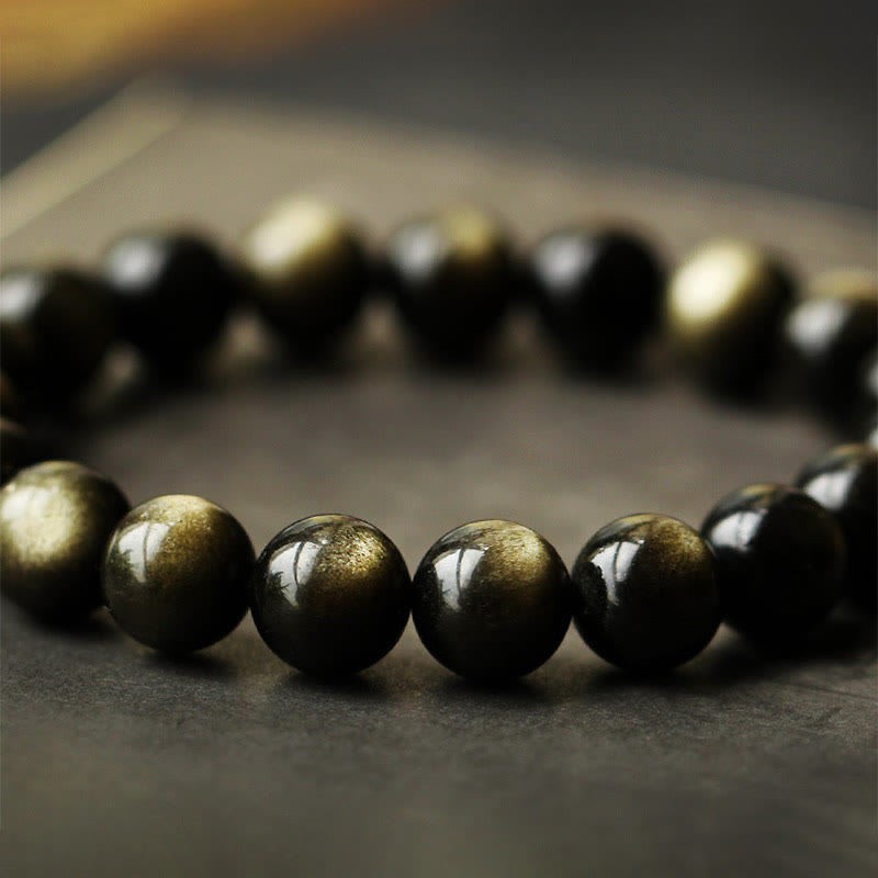 Fortune Jewel 925 Sterling Silver Chinese Zodiac Natal Buddha Natural Gold Sheen Obsidian Amber Wealth Protection Bracelet