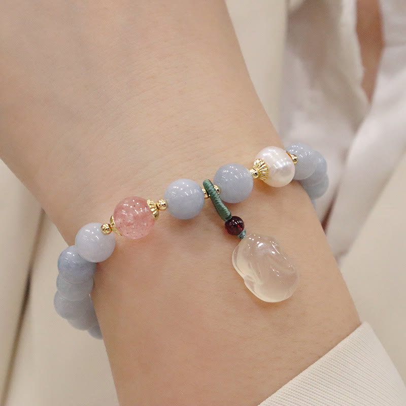 Fortune Jewel Natural Aquamarine Chalcedony Serenity Rabbit Gourd Cat Charm Bracelet