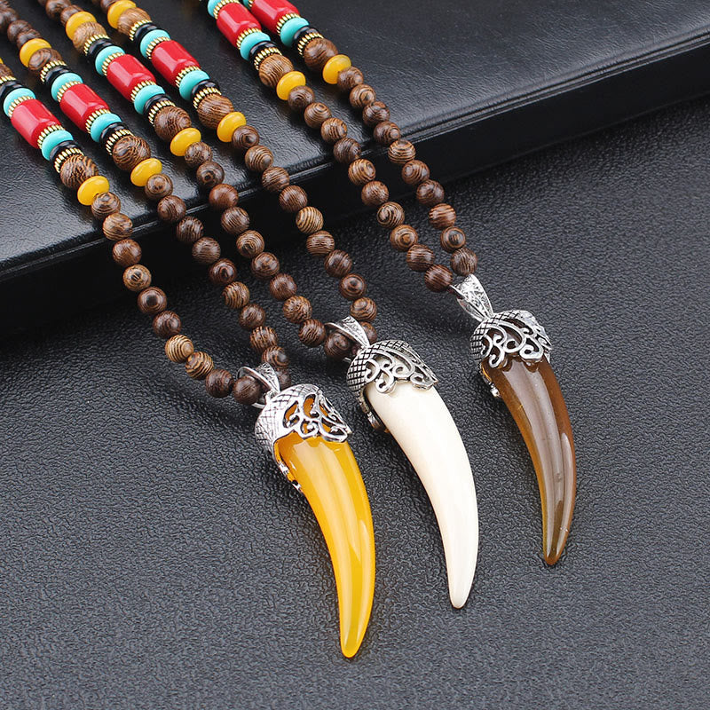 Fortune Jewel Wenge Wood Turquoise Stone Horn Style Protection Meditation Necklace Pendant