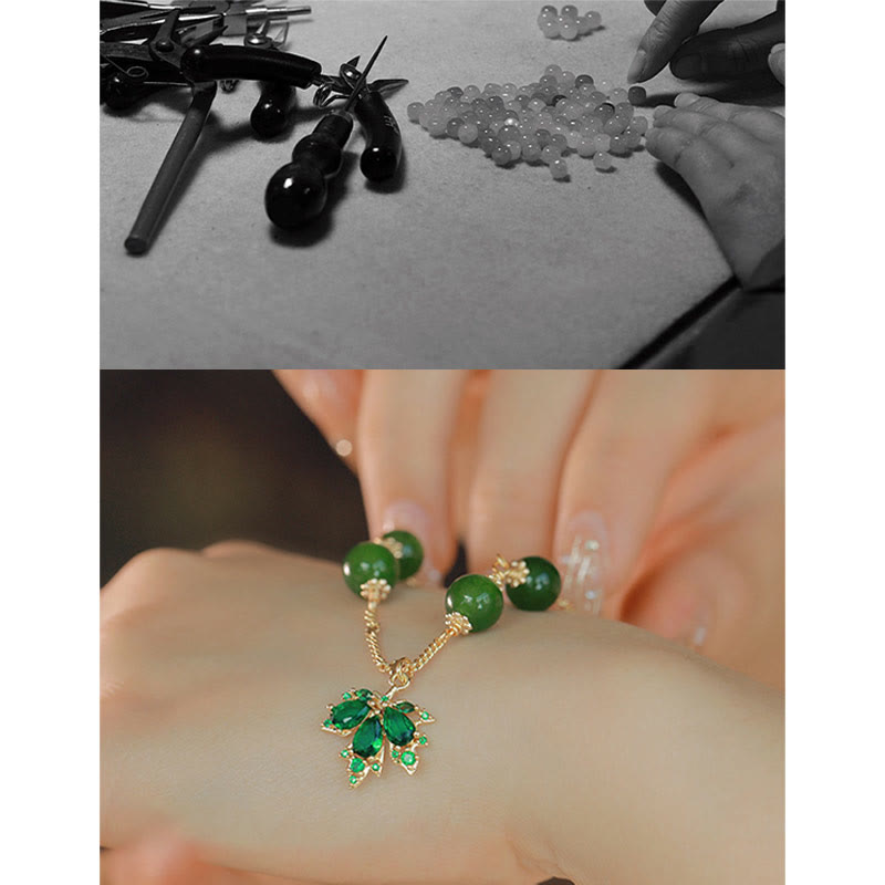 Fortune Jewel 14k Gold Plated Green Chalcedony Maple Leaf Courage Strength Bracelet