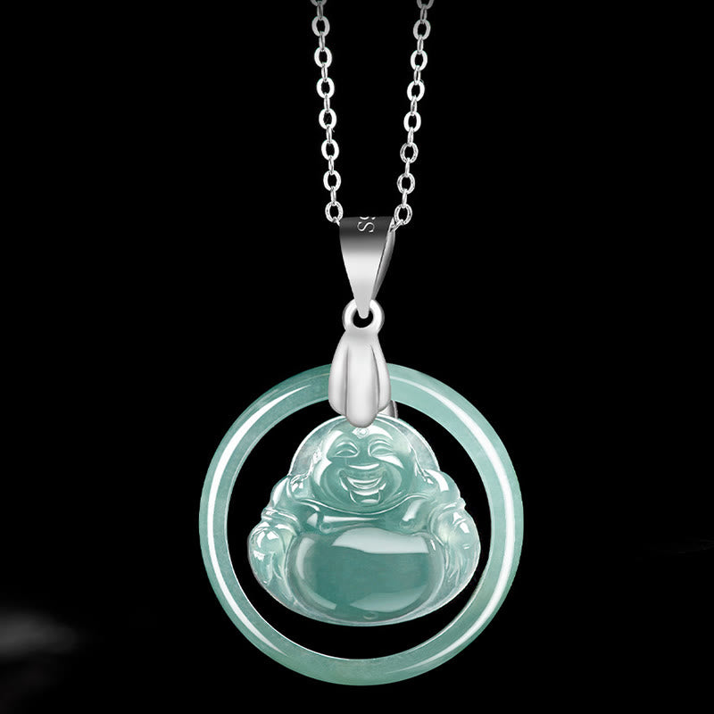Fortune Jewel Natural Jade Round Laughing Buddha Abundance Titanium Steel Chain Necklace Pendant Fortune Jewel