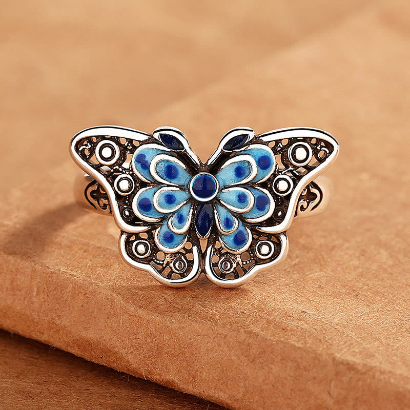 Fortune Jewel Hollow Enamel Blue Butterfly Pattern Love Ring