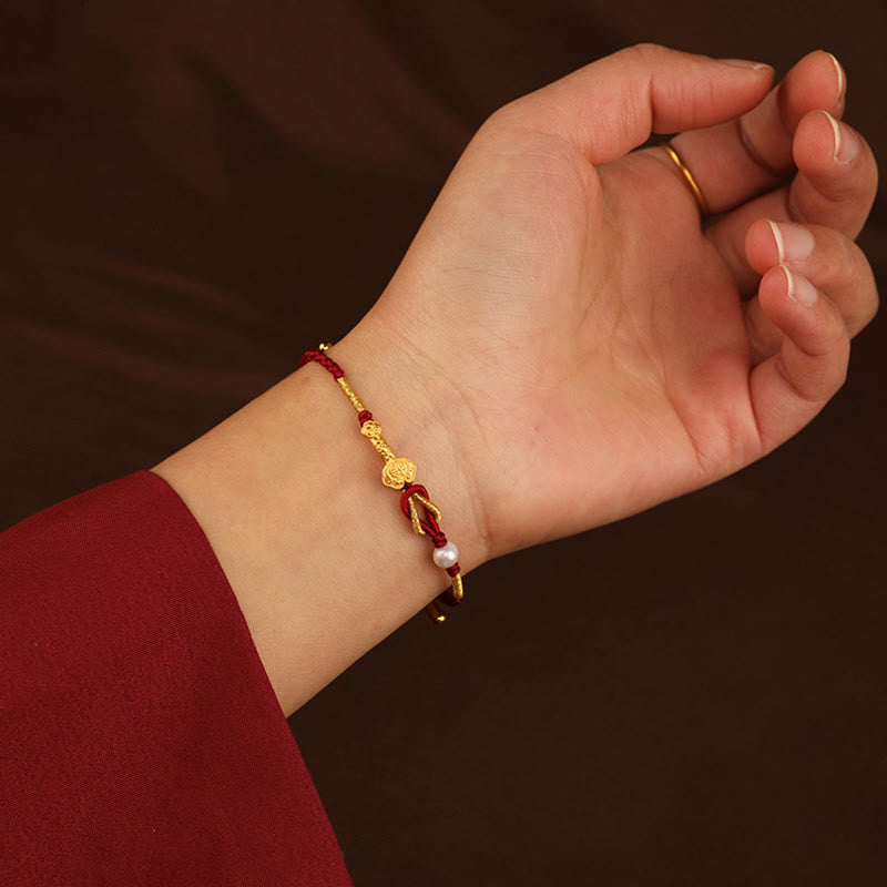 Fortune Jewel 24K Gold Wish Ruyi Handle Fu Character Rabbit Pearl Luck Braided Bracelet