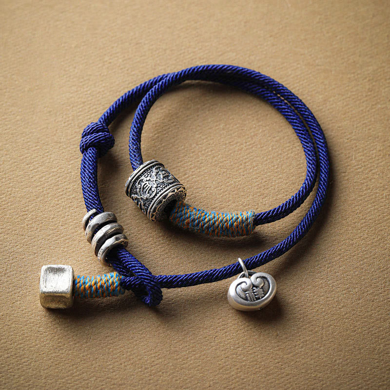 Fortune Jewel Handmade Tibetan Om Mani Padme Hum Carved Auspicious Amulet Double Wrap Rope Bracelet