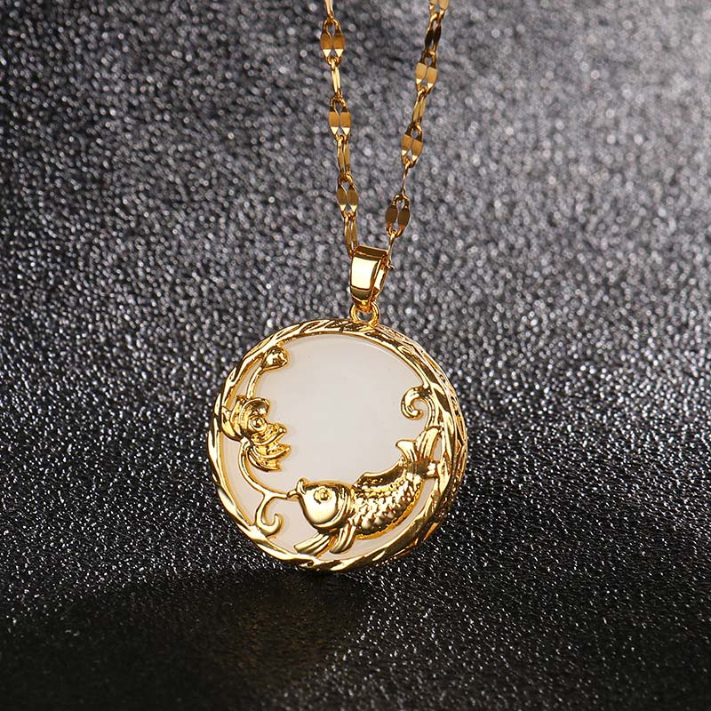 Fortune Jewel Natural Jade Koi Fish Lotus Luck Necklace Pendant