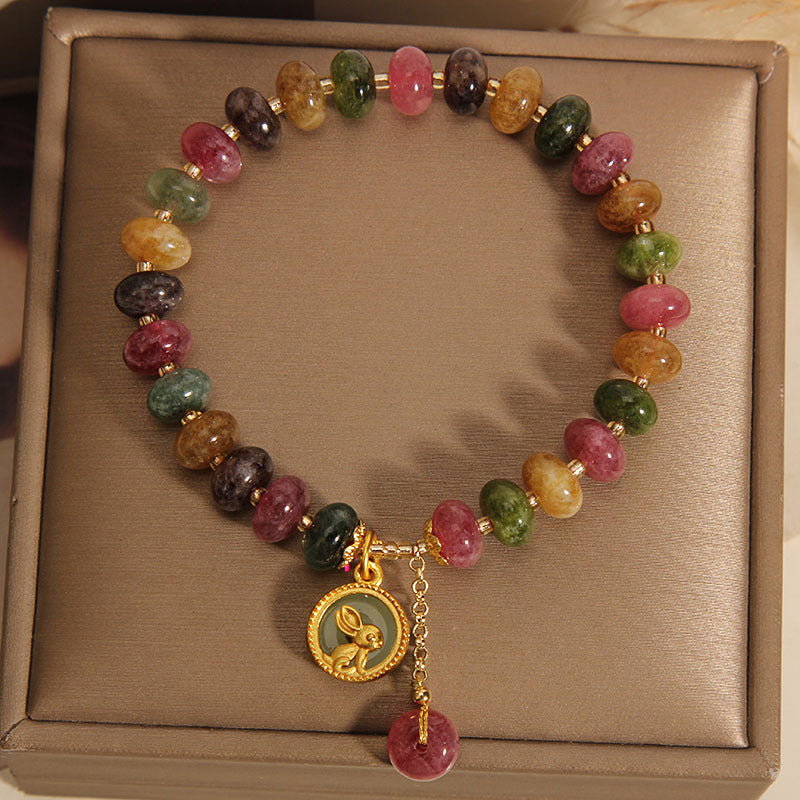 Fortune Jewel Natural Colorful Tourmaline Cute Rabbit Charm Positive Bracelet