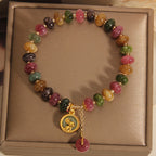 Fortune Jewel Natural Colorful Tourmaline Cute Rabbit Charm Positive Bracelet