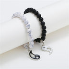 Fortune Jewel 2pcs Natural Black Onyx White Turquoise Bead Yin Yang Couple Bracelet