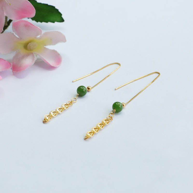 Fortune Jewel 925 Sterling Silver Natural Hetian Cyan Jade Bead Luck Phoenix Tail Drop Earrings