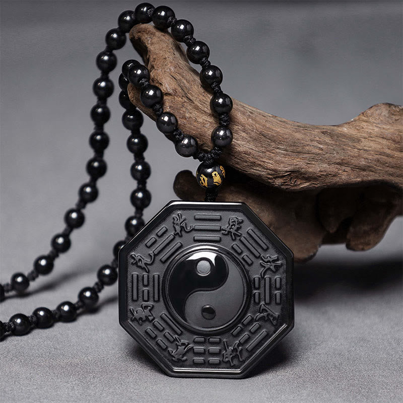 Fortune Jewel Black Obsidian Stone Yin Yang Pendant Necklace
