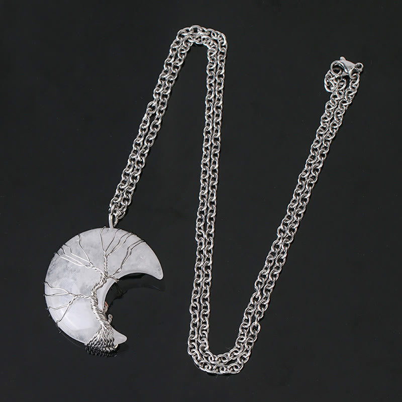Fortune Jewel Natural Quartz Crystal Moon Tree Of Life Healing Energy Necklace Pendant