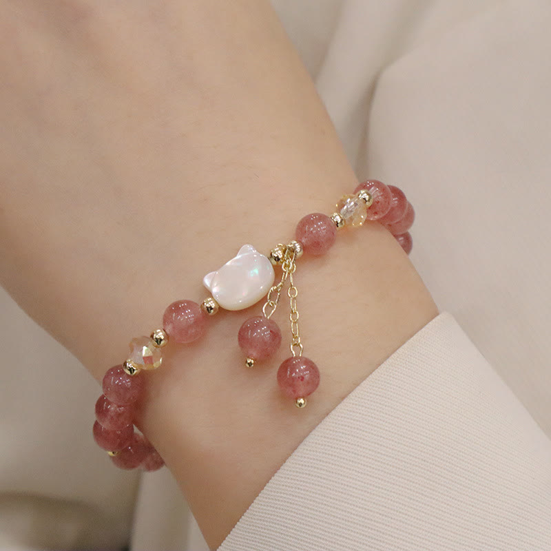 Fortune Jewel Natural Strawberry Quartz Morganite Tridacna Stone Cat Love Bracelet