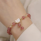 Fortune Jewel Natural Strawberry Quartz Morganite Tridacna Stone Cat Love Bracelet