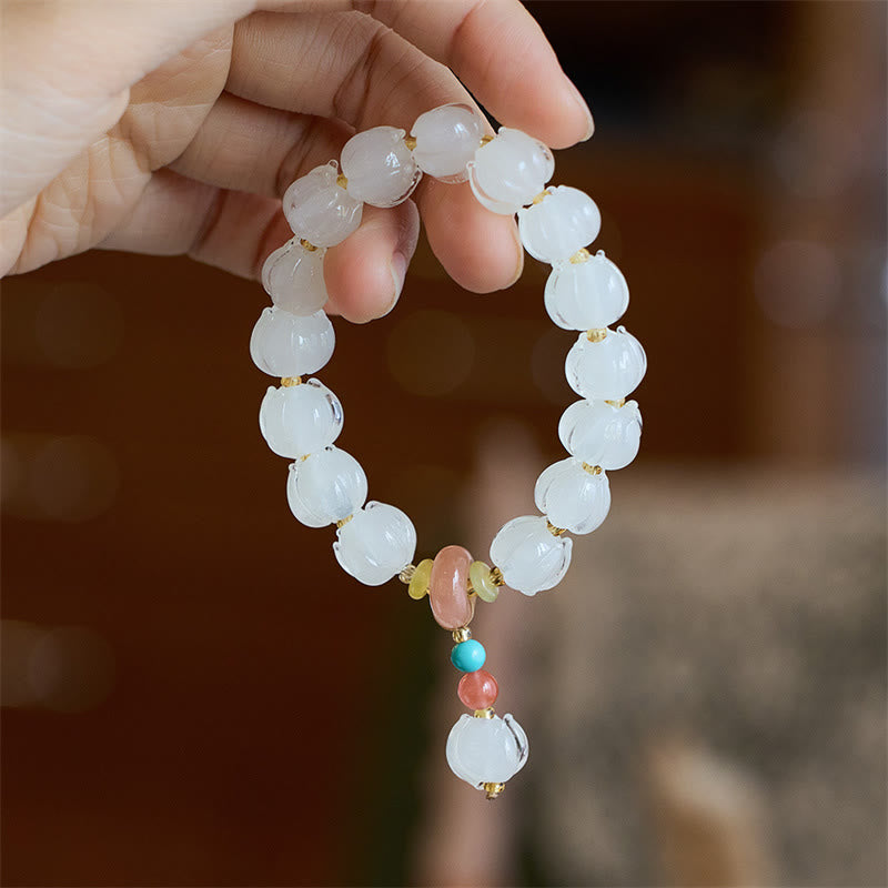 Fortune Jewel Liuli Glass Bead Lotus Design Fluorite Ivory Fruit Dancing Lion Charm Enlightenment Bracelet