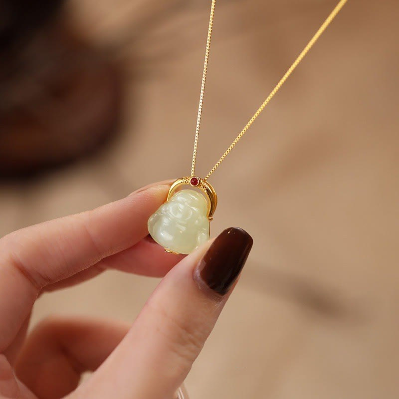 Fortune Jewel 925 Sterling Silver Natural Hetian Jade Laughing Buddha Abundance Chain Necklace Pendant Fortune Jewel