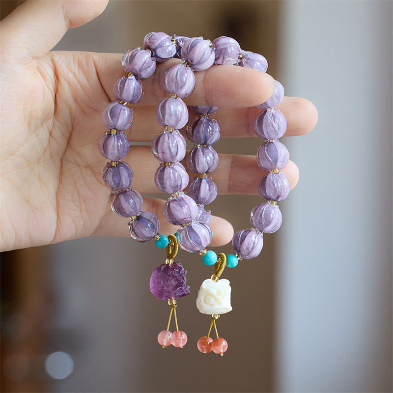 Fortune Jewel Liuli Glass Bead Lotus Design Fluorite Ivory Fruit Dancing Lion Charm Enlightenment Bracelet