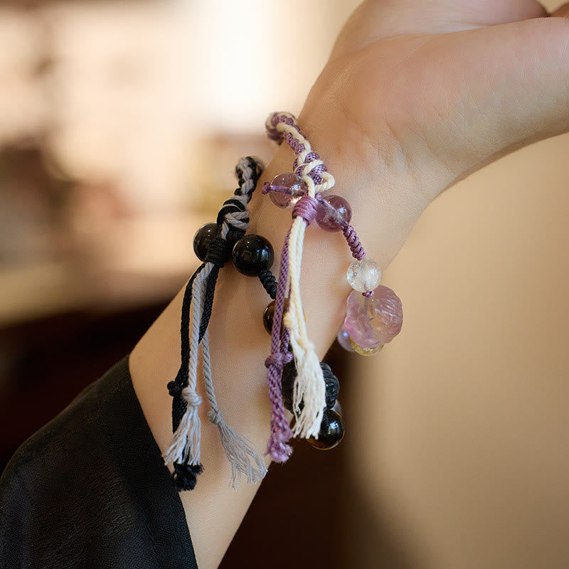 Fortune Jewel Natural Fluorite Amethyst Silver Sheen Obsidian Tiger's Eye Protection Rope Bracelet