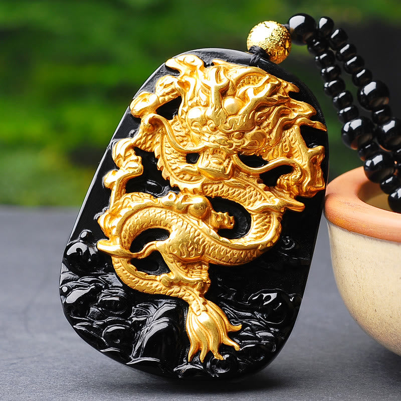 Fortune Jewel 18k Gold-plated Dragon Obsidian Lucky Pendant Necklace