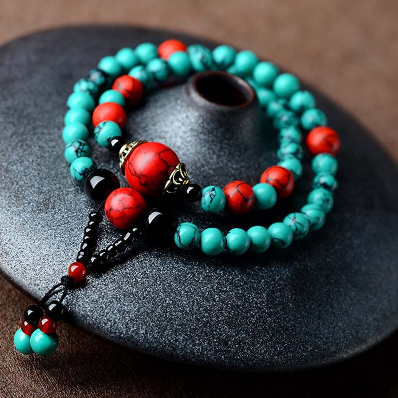 Fortune Jewel Turquoise Black Onyx Red Turquoise Bead Protection Bracelet