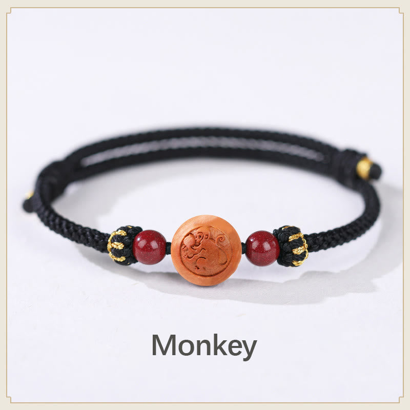 Fortune Jewel Natural Peach Wood Chinese Zodiac Fu Character Carved Cinnabar Wealth Bracelet