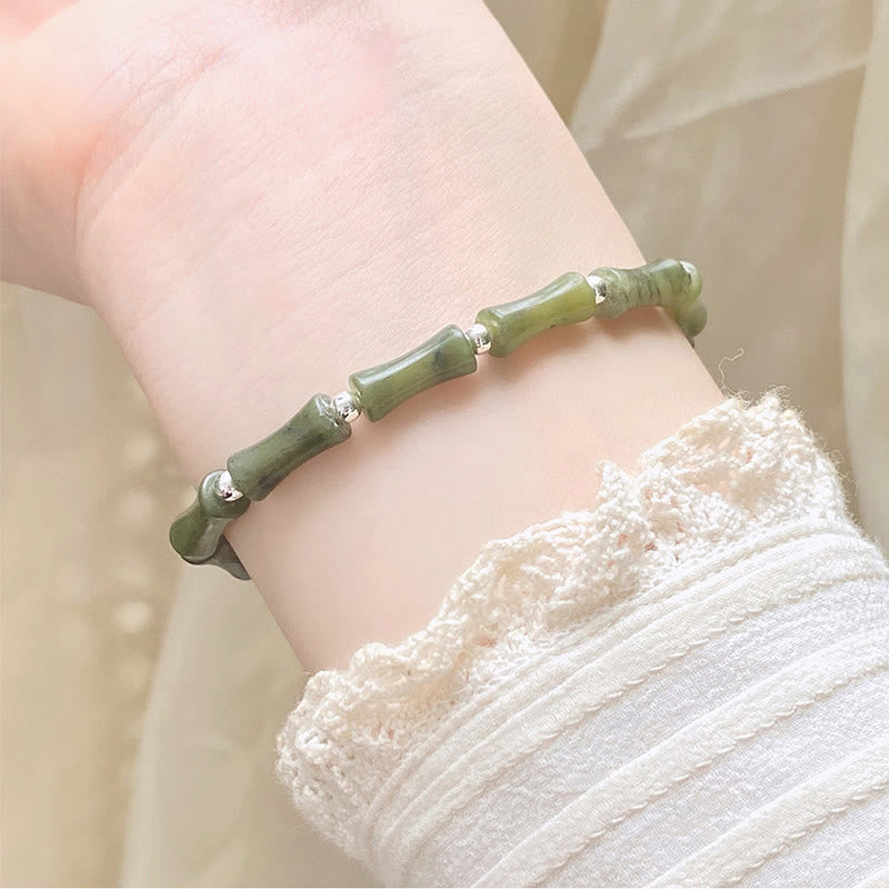 Fortune Jewel 925 Sterling Silver Bamboo Jade Lucky Cat Fu Character Luck Abundance Bracelet